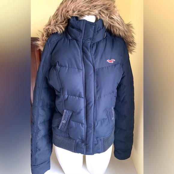 Hollister Navy Blue Winter Down Puffer Jacket Zipper Closure Fur Hood Y2K US S - Picture 2 of 8